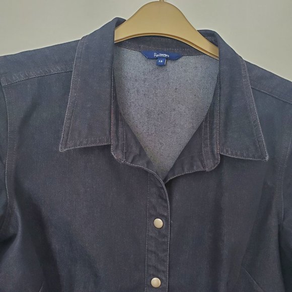 Women's Button Down Denim Shirt Dress Long Sleeve Snap Buttons Pointed Collar - Picture 3 of 6